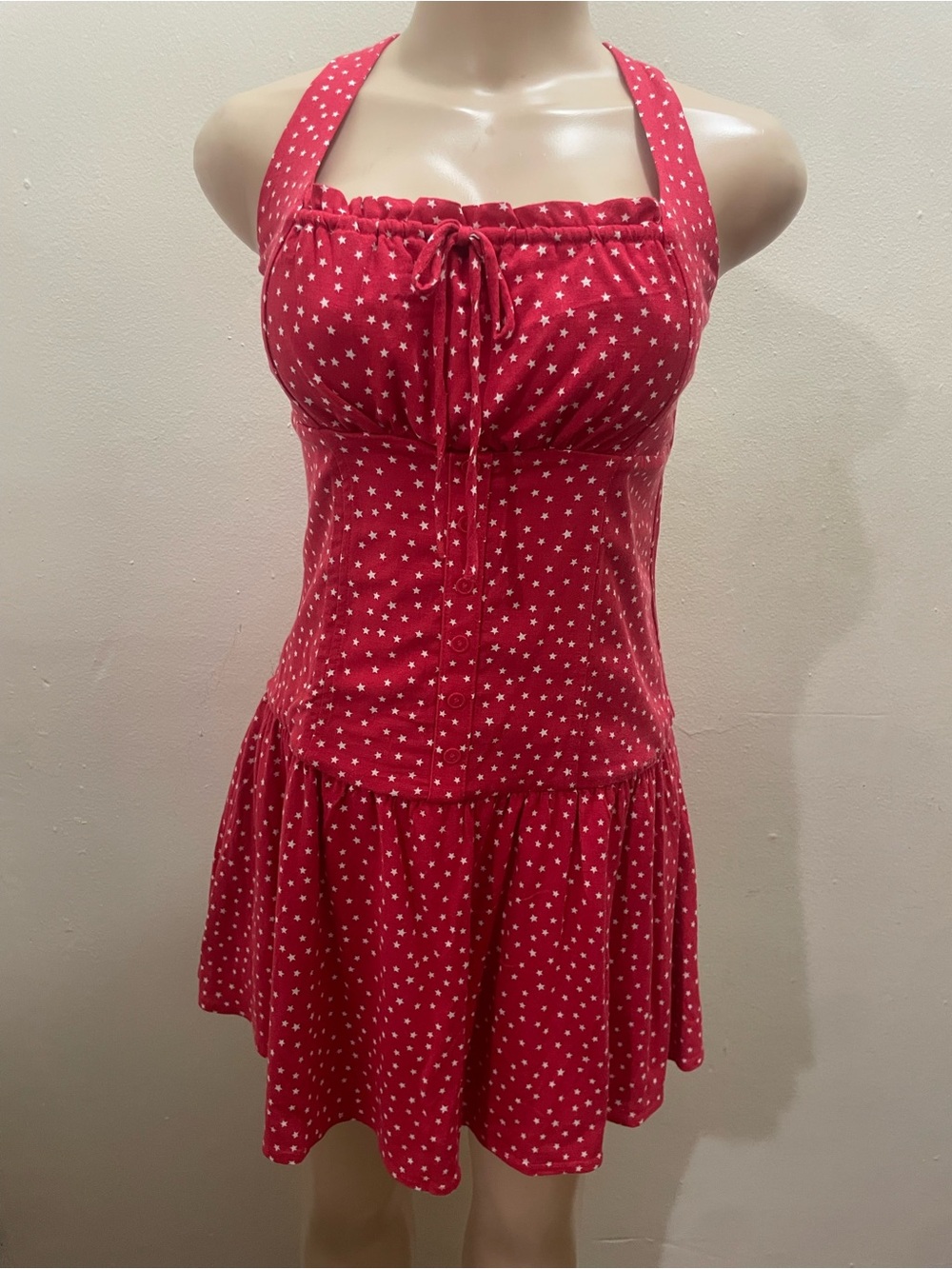 Red Star Print Halter Sundress